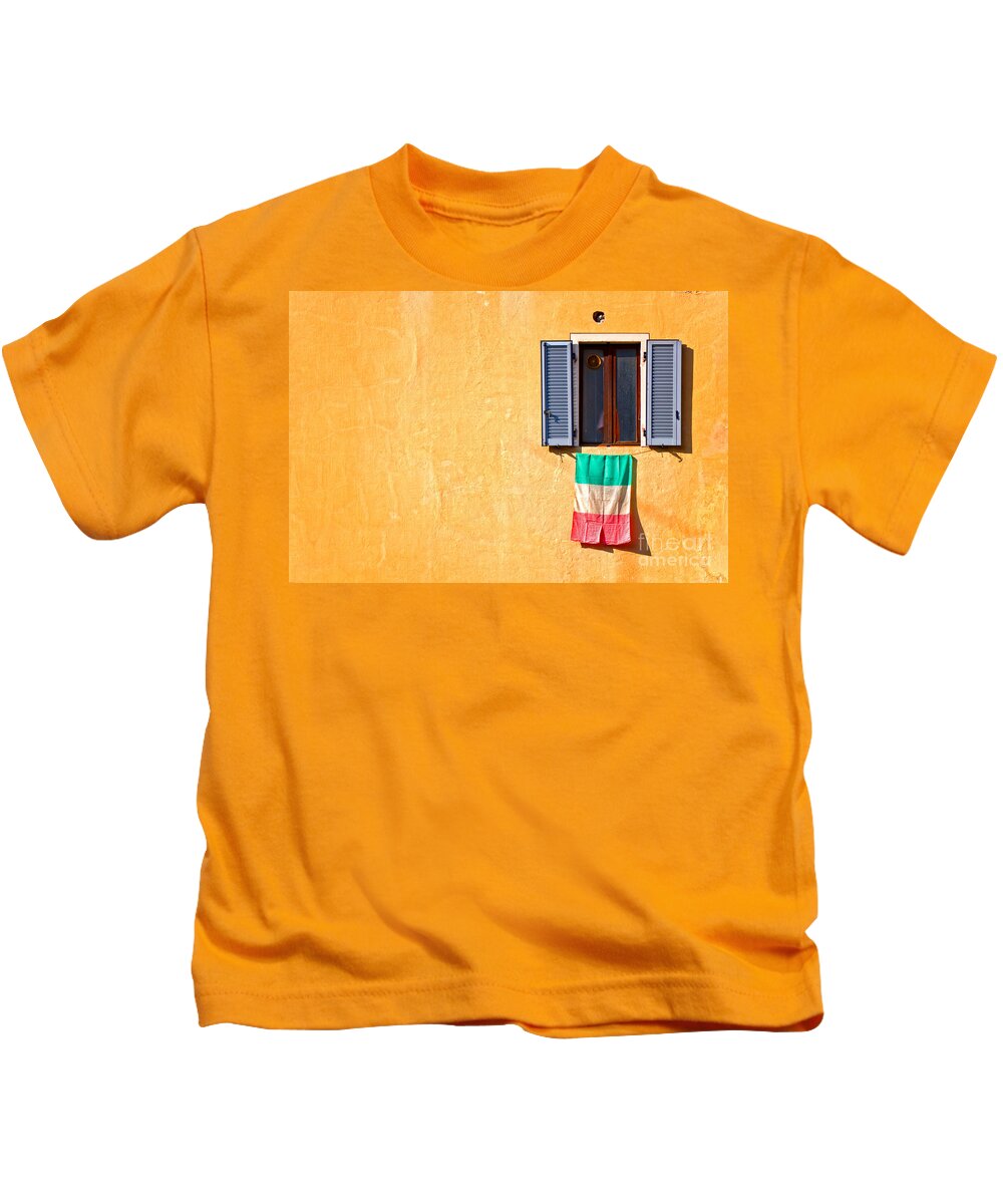 Italian Kids T-Shirt featuring the photograph Italian flag window and yellow wall by Silvia Ganora