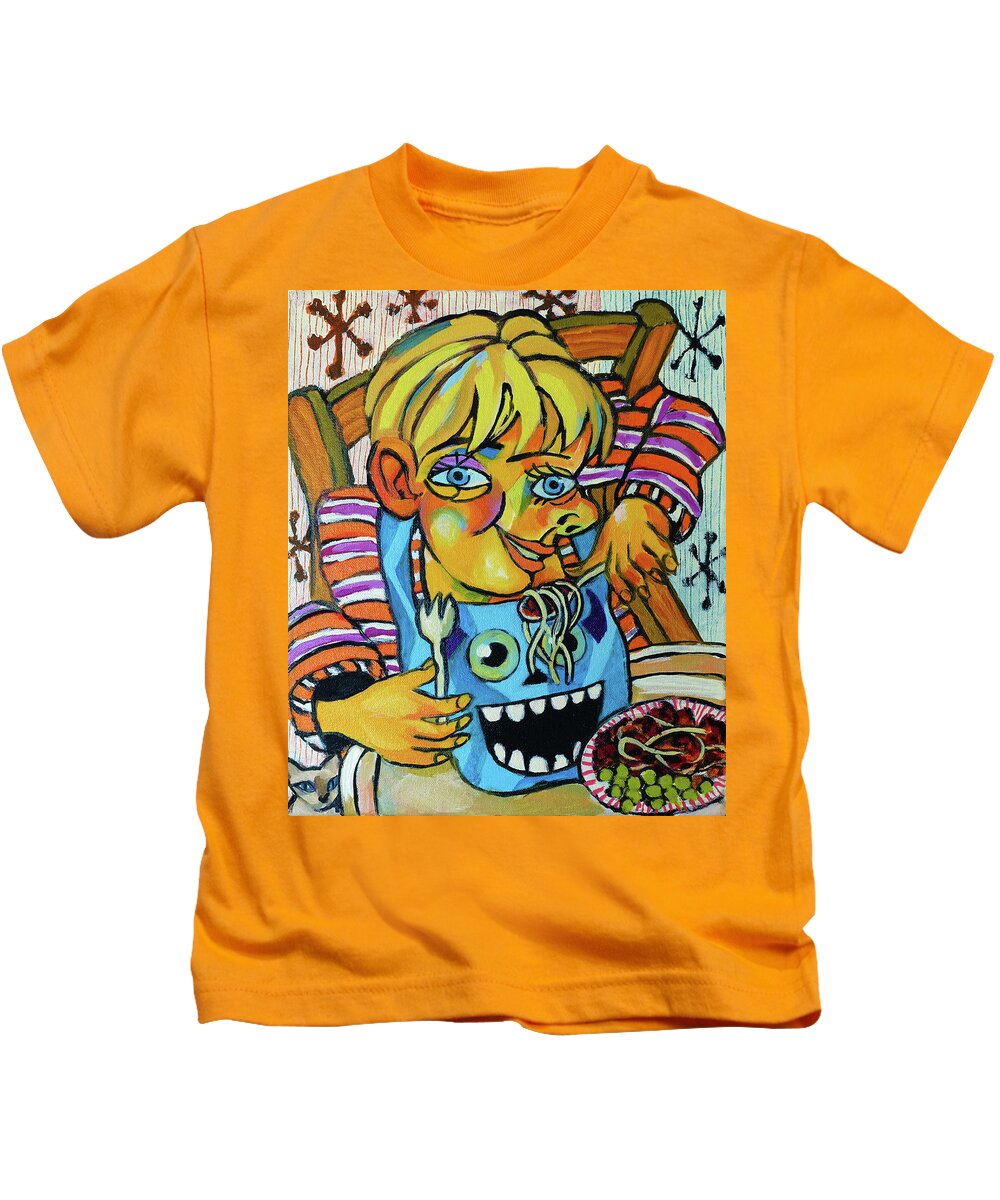 Alfie Kids T-Shirt featuring the drawing Alfie with spaghetti #2 by Peregrine Roskilly