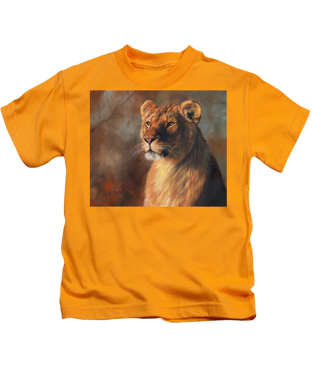 Lioness Kids T-Shirt featuring the painting Lioness Portrait #1 by David Stribbling