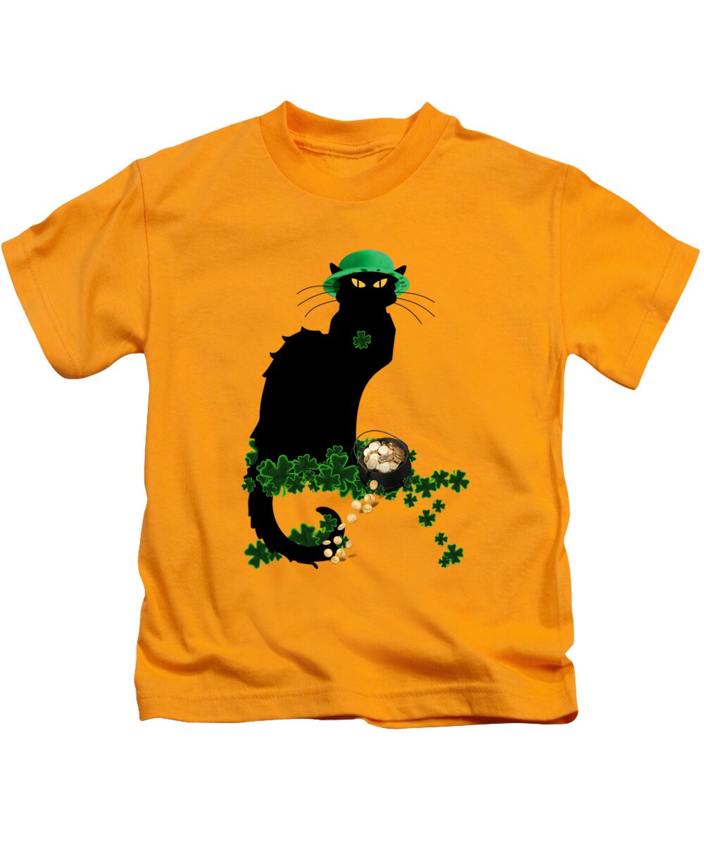 St Patrick's Day Kids T-Shirt featuring the digital art St Patrick's Day - Le Chat Noir #2 by Gravityx9 Designs