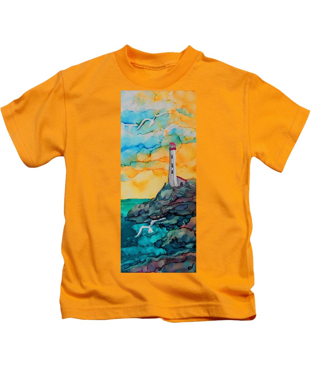 Alcohol Ink Kids T-Shirt featuring the painting Lighthouse - A 220 by Catherine Van Der Woerd