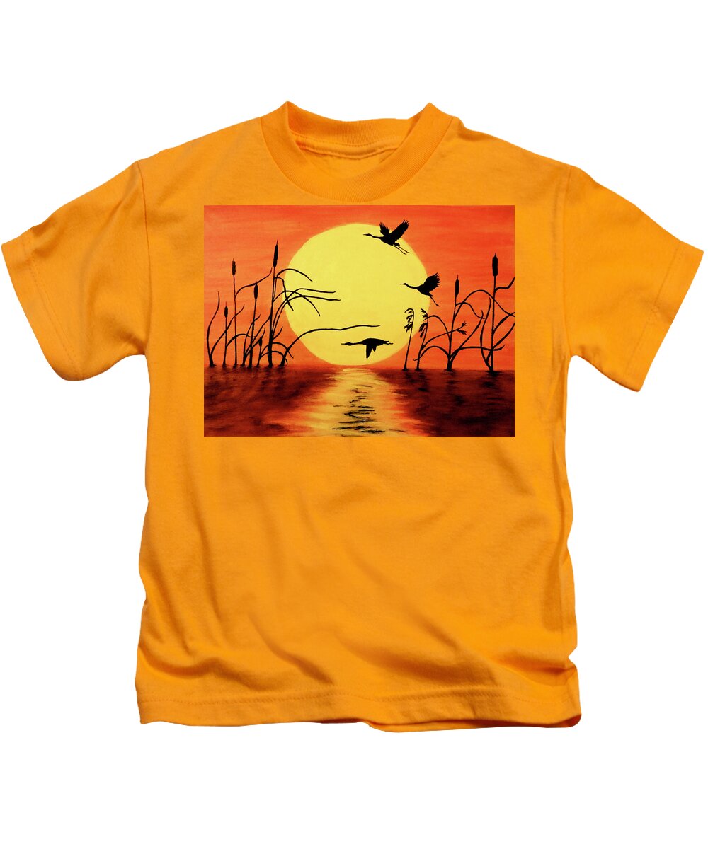 Geese Kids T-Shirt featuring the painting Sunset geese by Teresa Wing