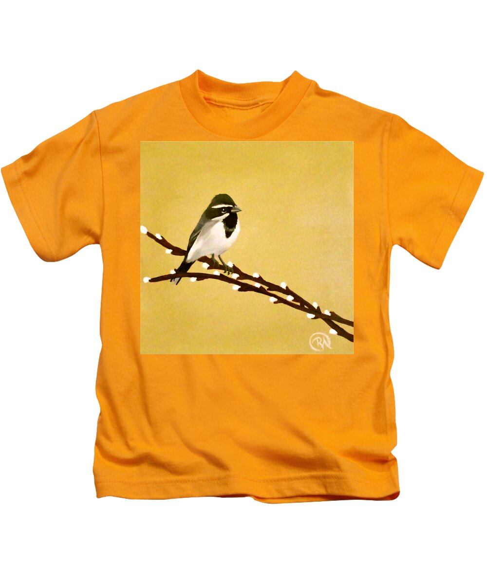 Willow Kids T-Shirt featuring the painting Black Throat Sparrow on Willow Branch by Renee Noel
