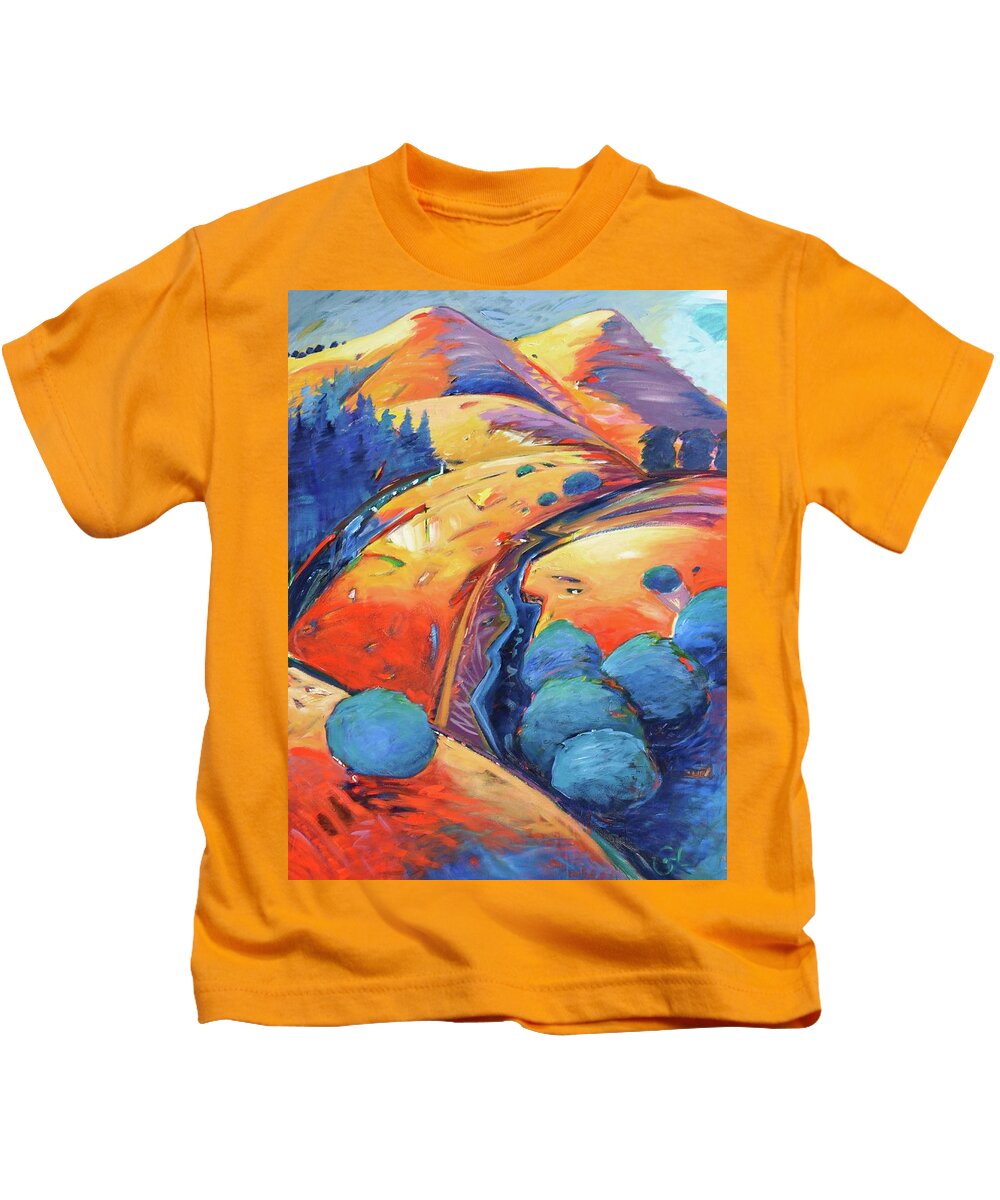 Hills Kids T-Shirt featuring the painting Blue and Gold by Gary Coleman