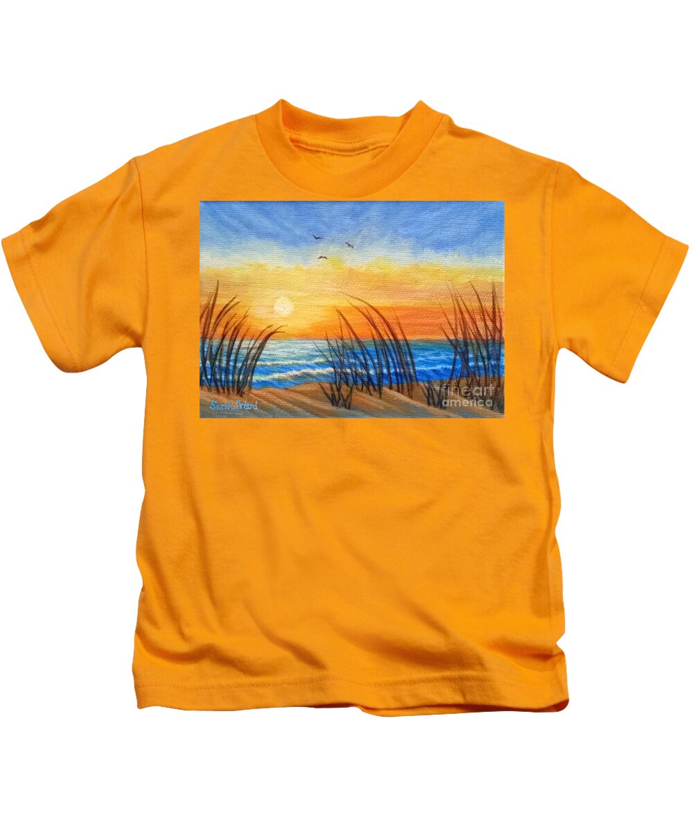 Waterscape Kids T-Shirt featuring the painting Blue and Gold Sunset by Sarah Irland