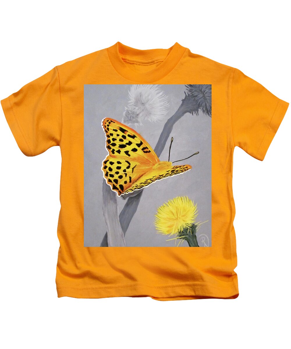 Butterfly Kids T-Shirt featuring the painting Leopard Butterfly on Yellow Thistle by Renee Noel