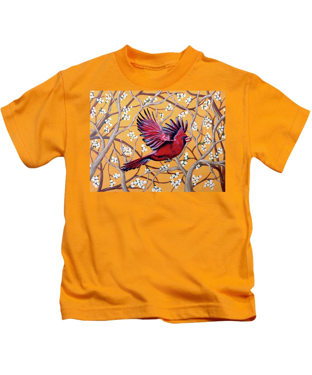 Cardinal Kids T-Shirt featuring the painting Cardinal in Flight by Teresa Wing