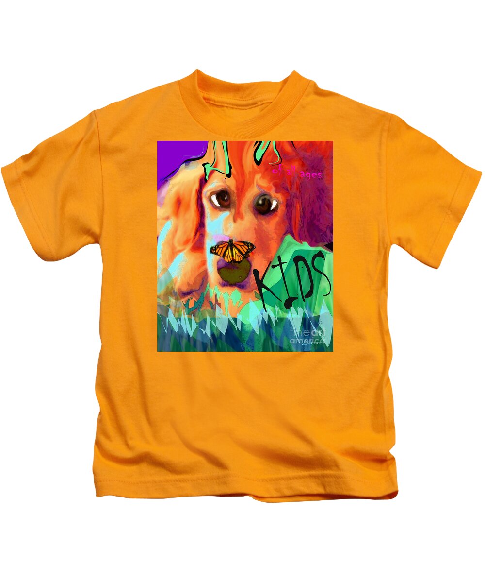 Dogs Kids T-Shirt featuring the mixed media Curiosity by Zsanan Studio