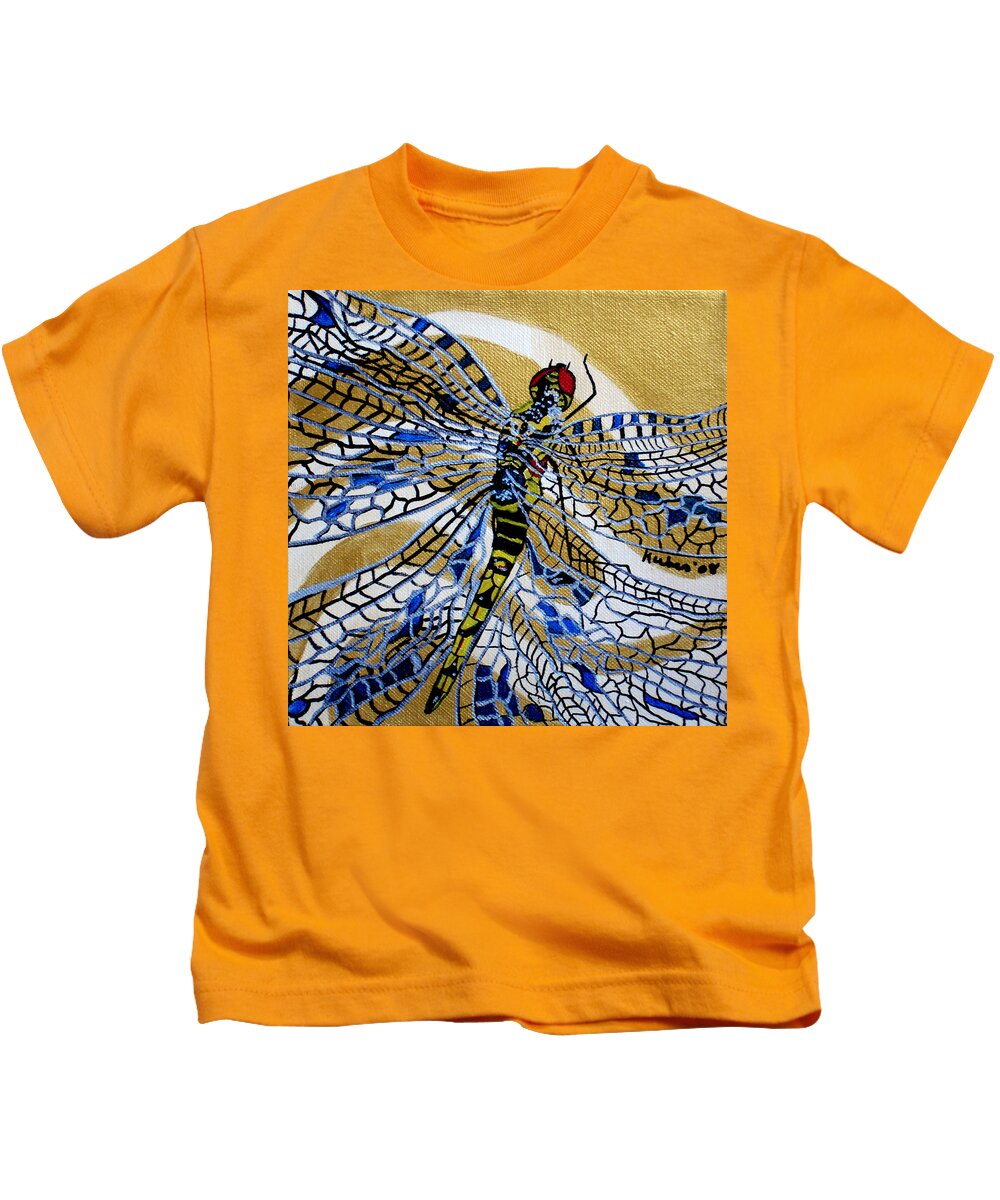 Dragonfly Kids T-Shirt featuring the painting Dragonfly on Gold Scarf by Susan Kubes