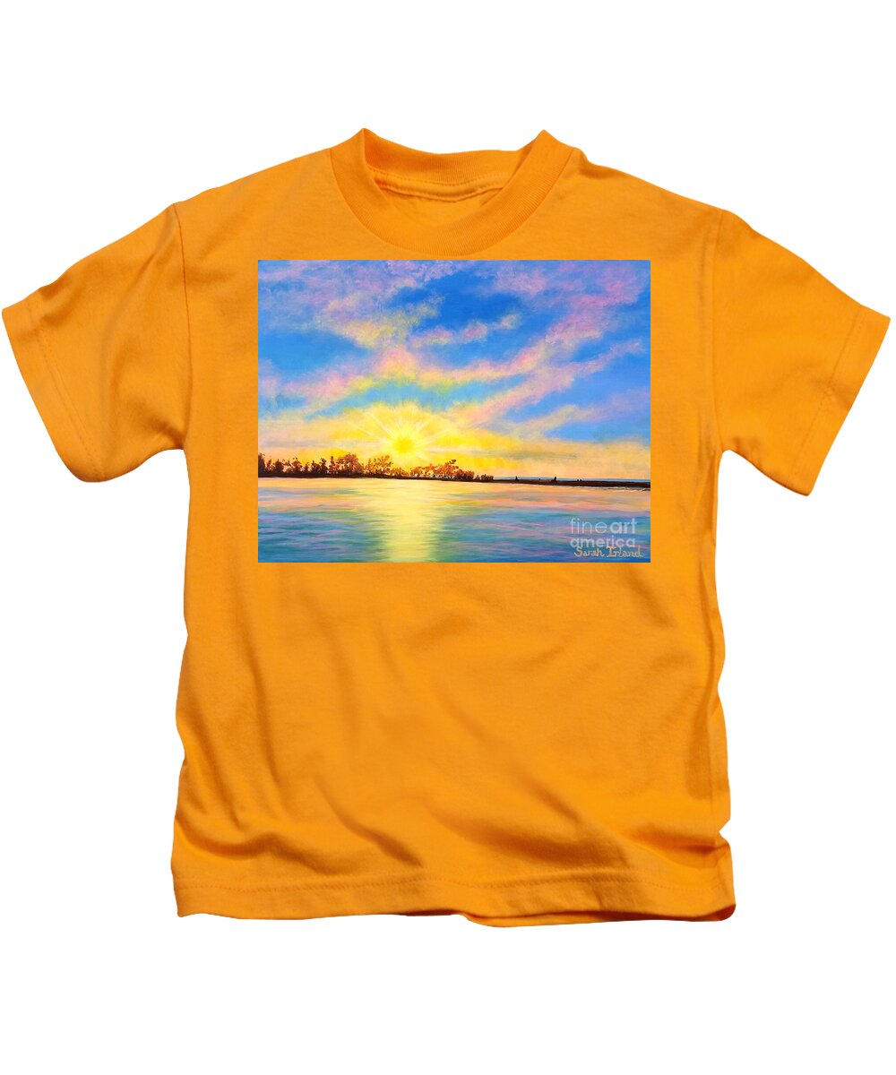 Waterscape Kids T-Shirt featuring the painting Fair Haven Sunset by Sarah Irland