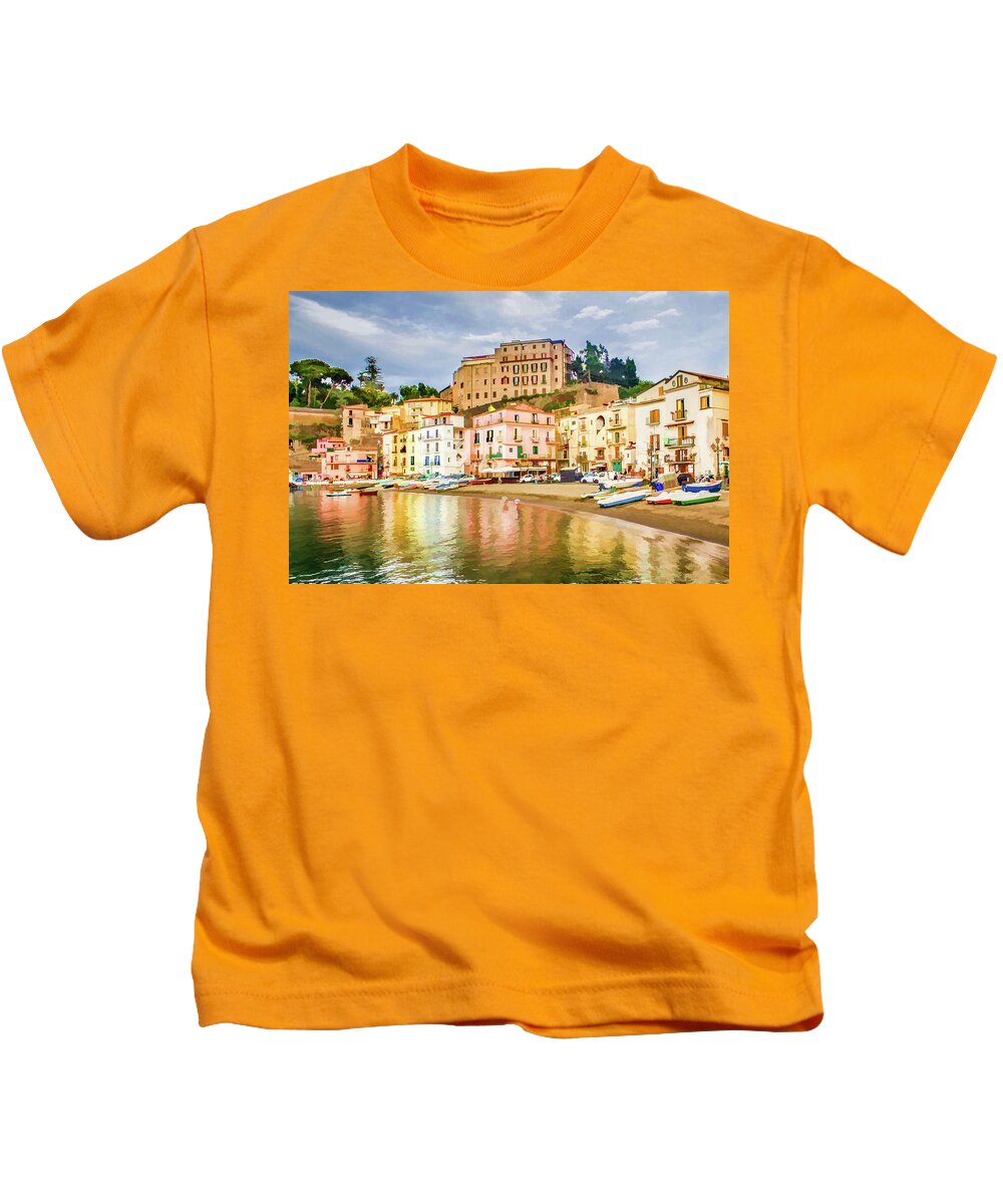 Sorrento Kids T-Shirt featuring the digital art Golden Reflections in Sorrento by Lisa Lemmons-Powers