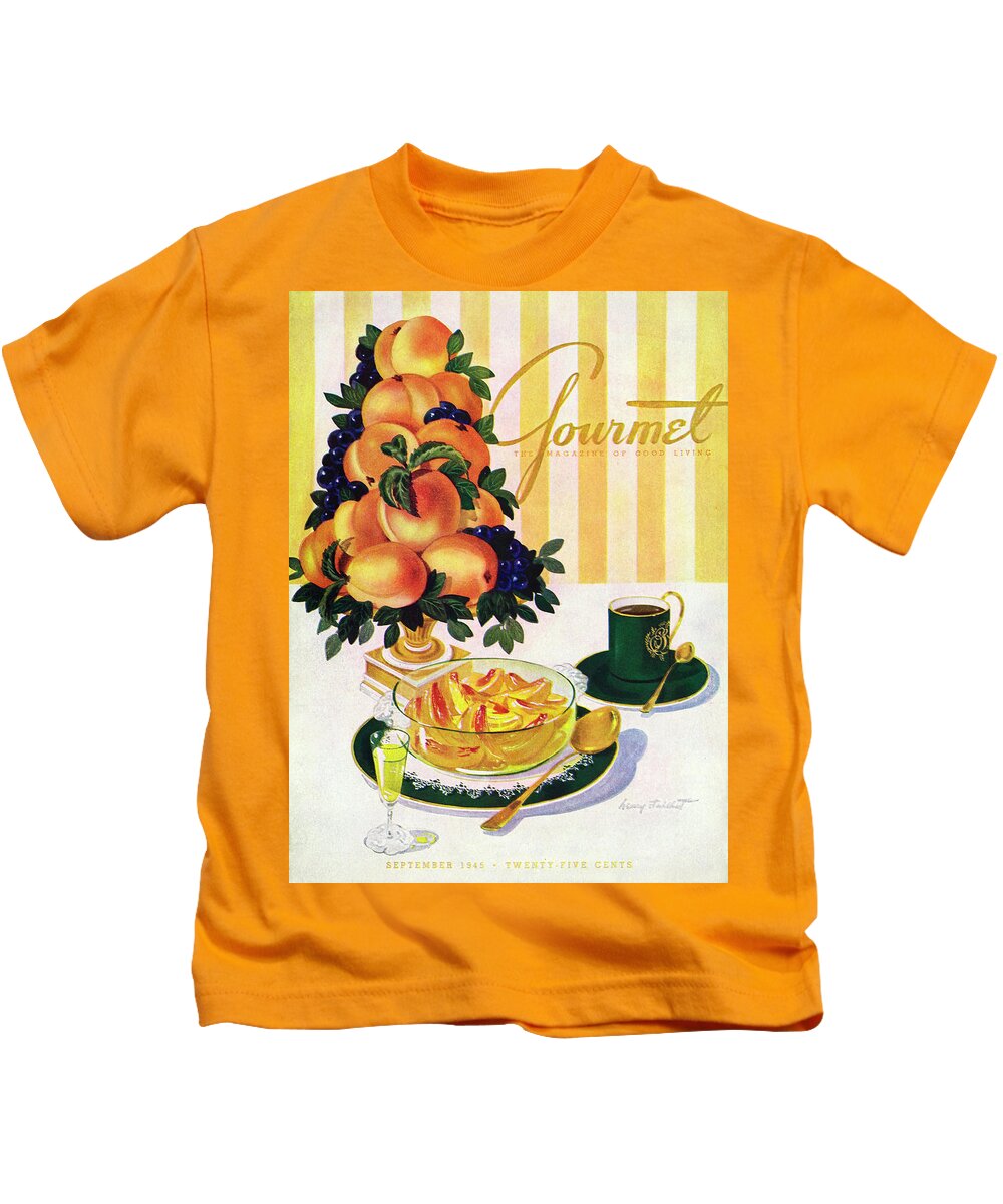 Illustration Kids T-Shirt featuring the photograph Gourmet Cover Featuring A Centerpiece Of Peaches by Henry Stahlhut