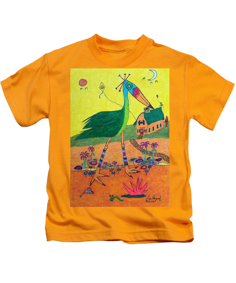 Hagood Kids T-Shirt featuring the painting Green Crane with Leggings and Painted Toes by Lew Hagood