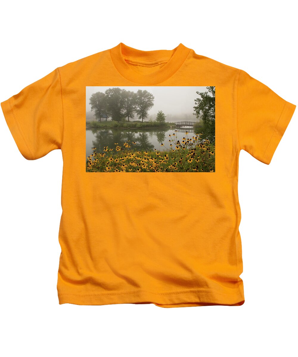 Fog Kids T-Shirt featuring the photograph Misty Pond Bridge Reflection #3 by Patti Deters