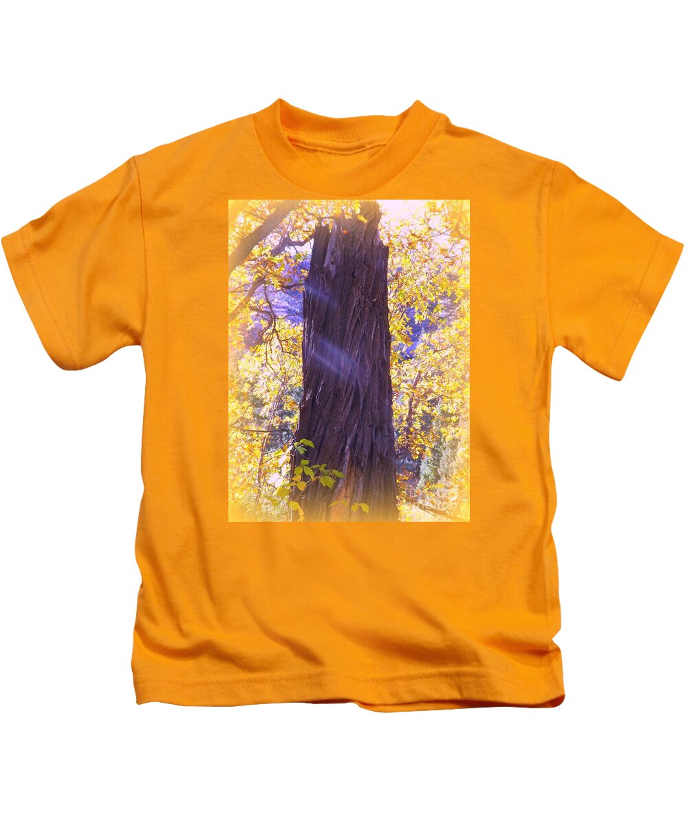Monument To Old Man Cottonwood Shafts Of Late Afternoon Light Are Lavender Hill In Background Is Lavender Broken Trunk In Greys And Blues Yellow Leaves Surround Trunk As If To Inshrine Him In Love Kids T-Shirt featuring the digital art Monument to Old Man Cottonwood by Annie Gibbons