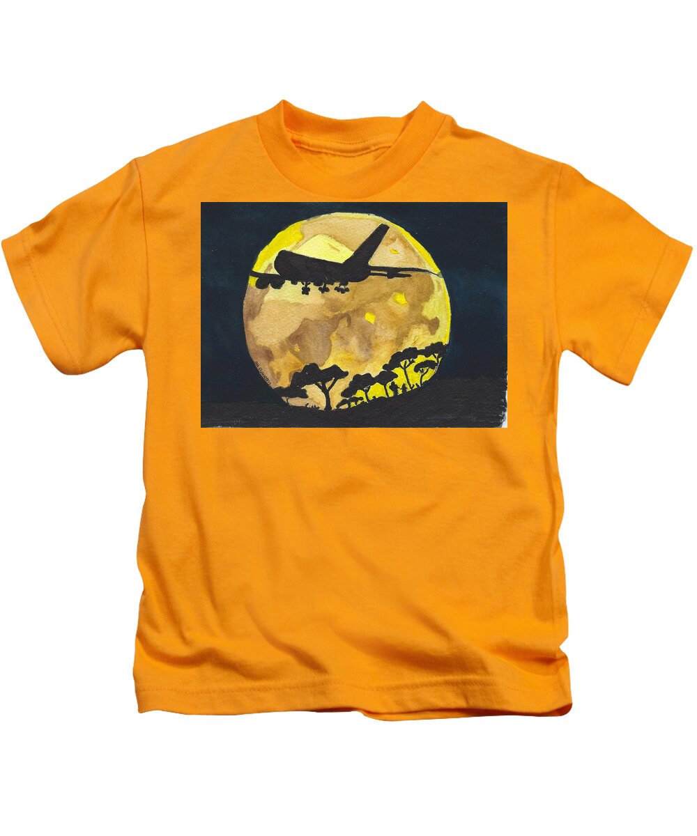 Plane Kids T-Shirt featuring the painting Night Travels by Ali Baucom