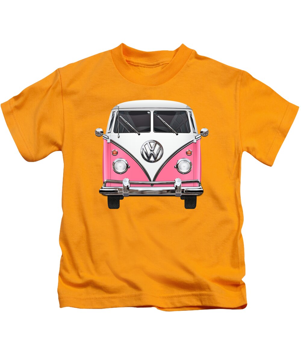 'volkswagen Type 2' Collection By Serge Averbukh Kids T-Shirt featuring the photograph Pink and White Volkswagen T 1 Samba Bus on Yellow by Serge Averbukh