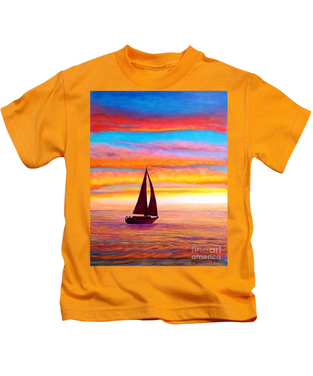 Waterscape Kids T-Shirt featuring the painting Sailboat at Sunset by Sarah Irland
