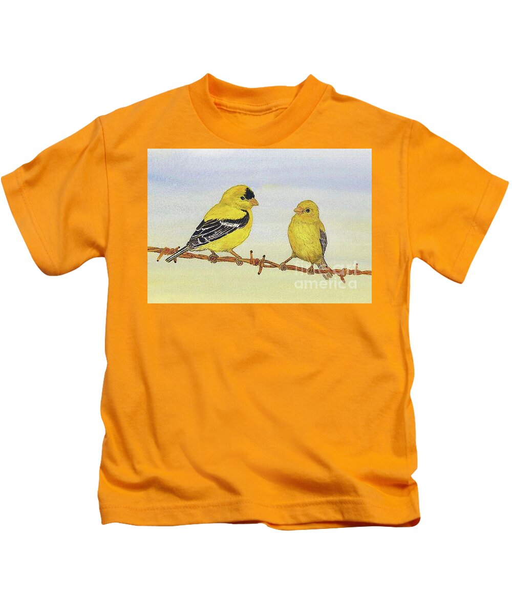 Bird Goldfinch Finch Robin Sparrow Garden Song Thom Glace Wren Cardinal Bluebird Gold Barbed Wire Watercolor Art Kids T-Shirt featuring the painting Standing Room Only by Thom Glace