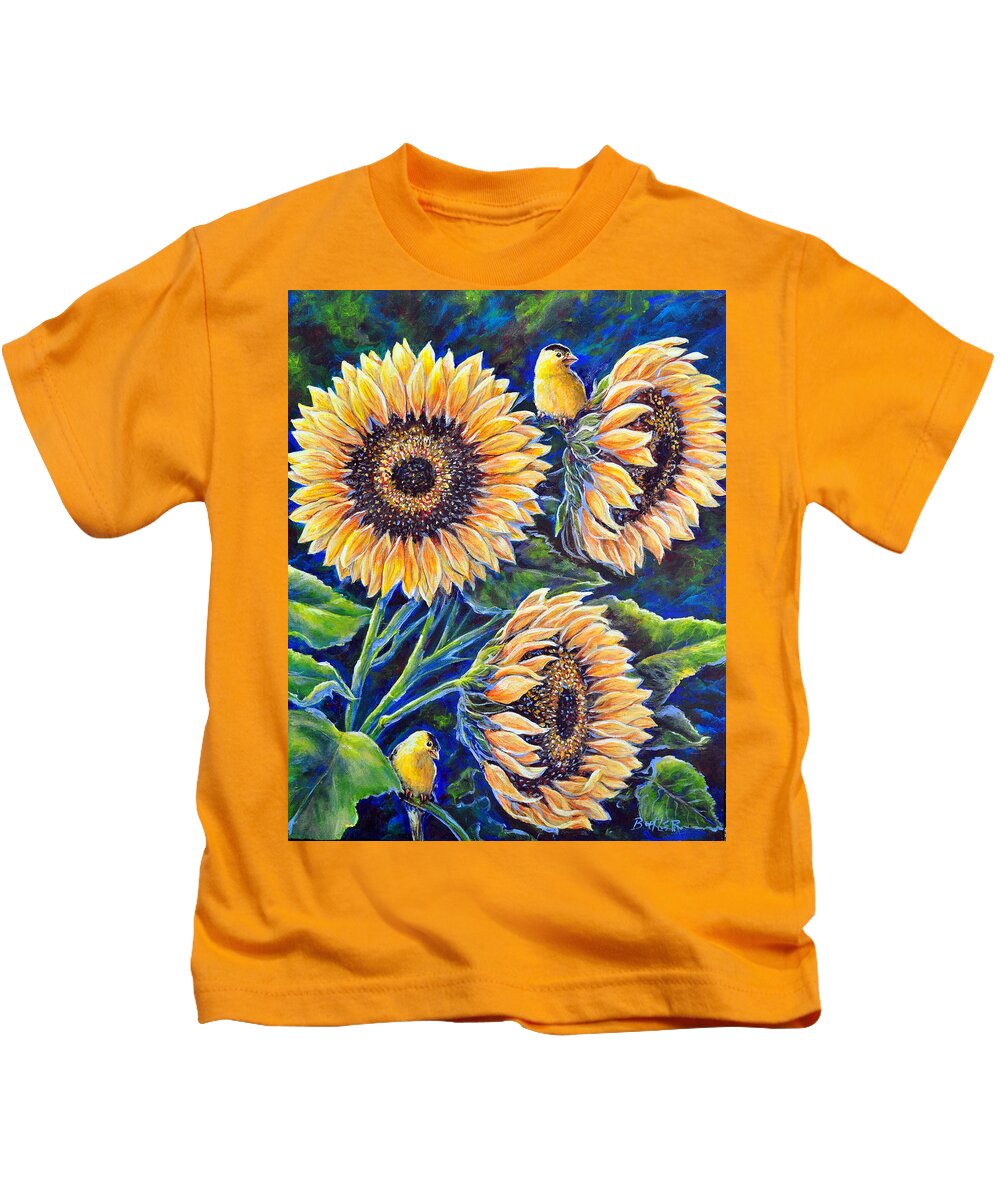 Sunflower Goldfinch Bird Yellow Gold Nature Kids T-Shirt featuring the painting Sunflower Supper by Gail Butler