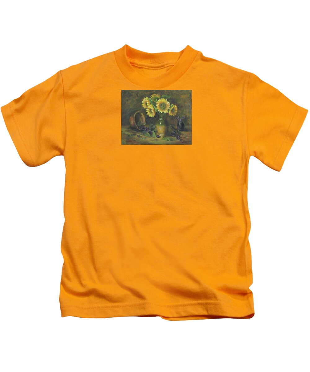 Classical Floral Kids T-Shirt featuring the painting Sunflowers by Katalin Luczay