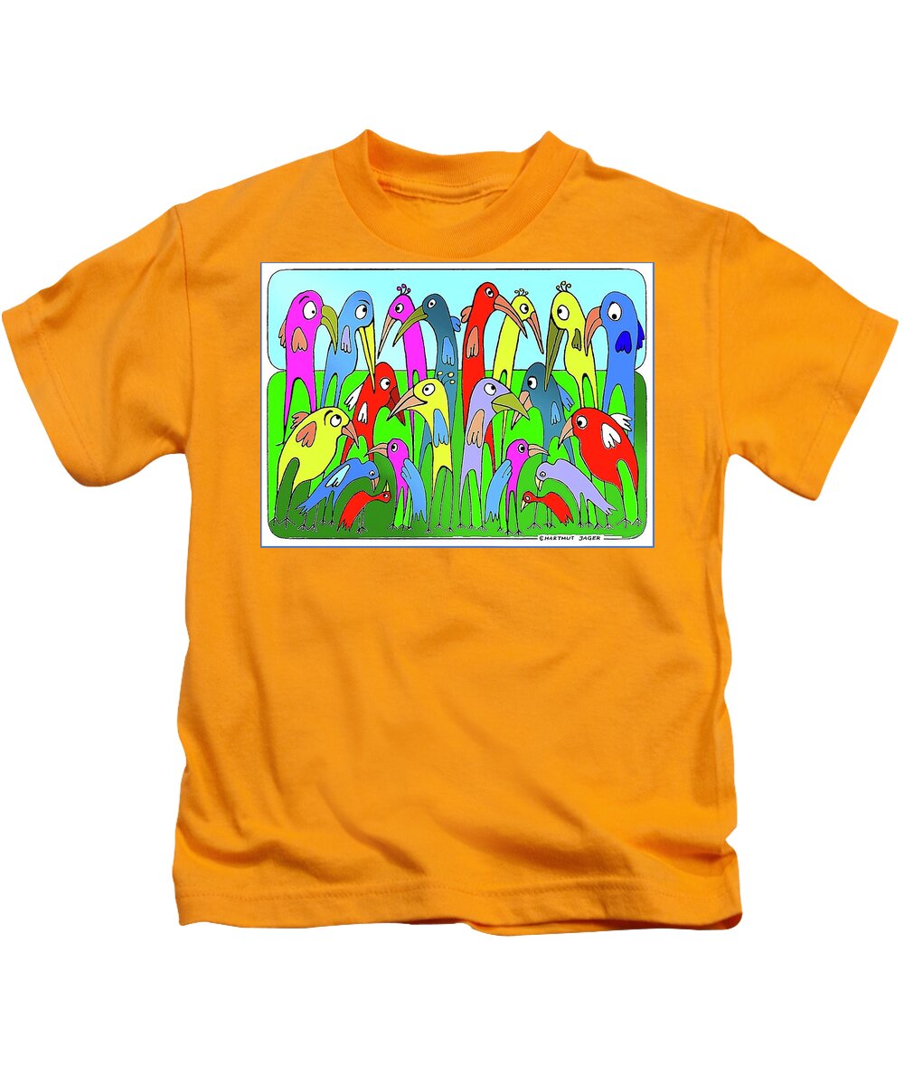 Birds Kids T-Shirt featuring the painting The Annual General Meeting by Hartmut Jager