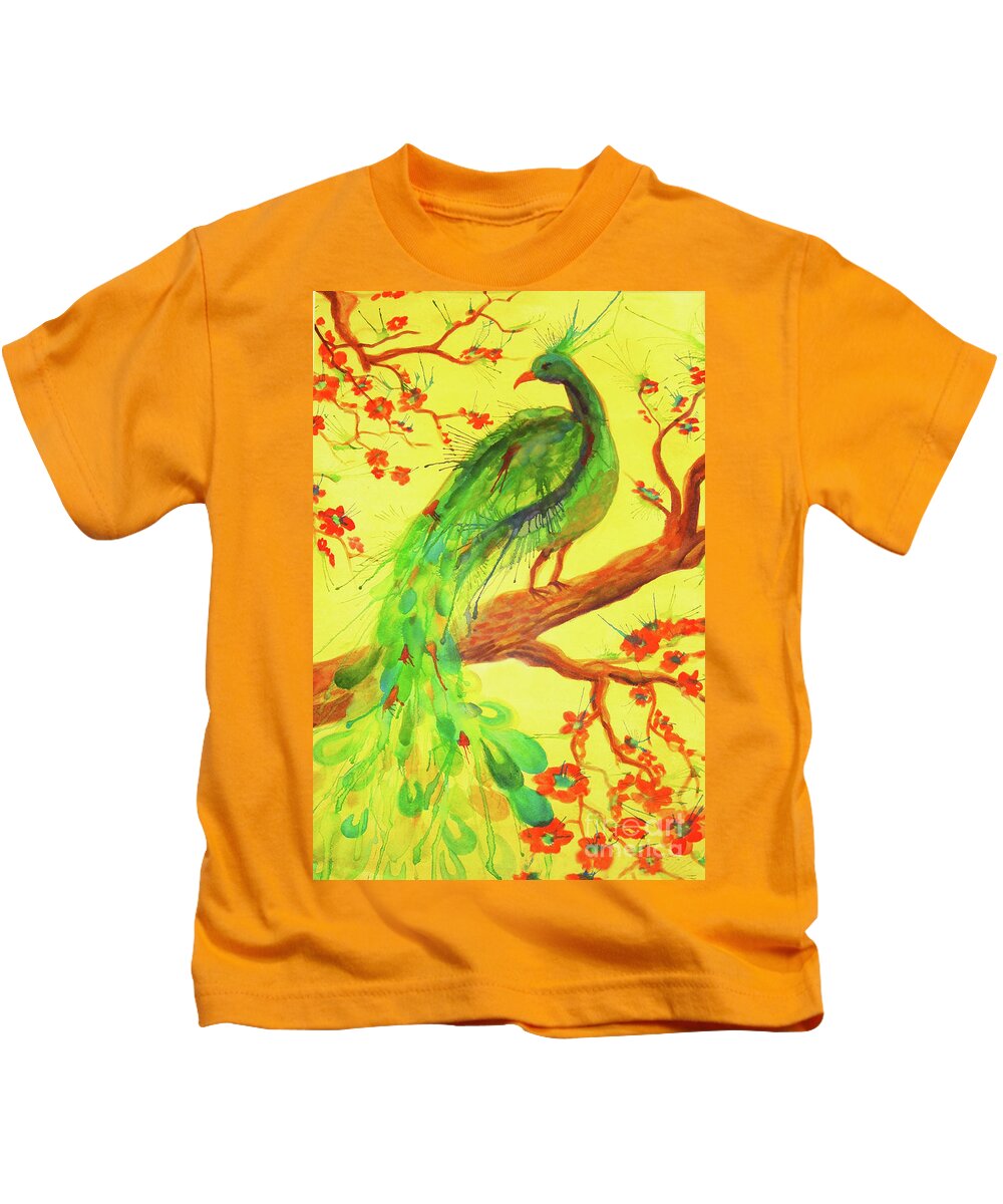 Bird Kids T-Shirt featuring the painting The Auspicious Peacock by Angelique Bowman