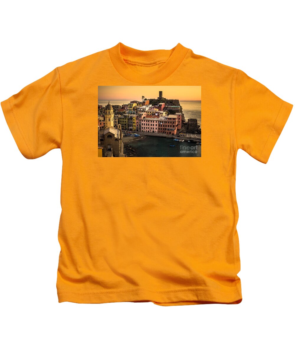 Vernazza At Sunset Kids T-Shirt featuring the photograph Vernazza at Sunset by Prints of Italy