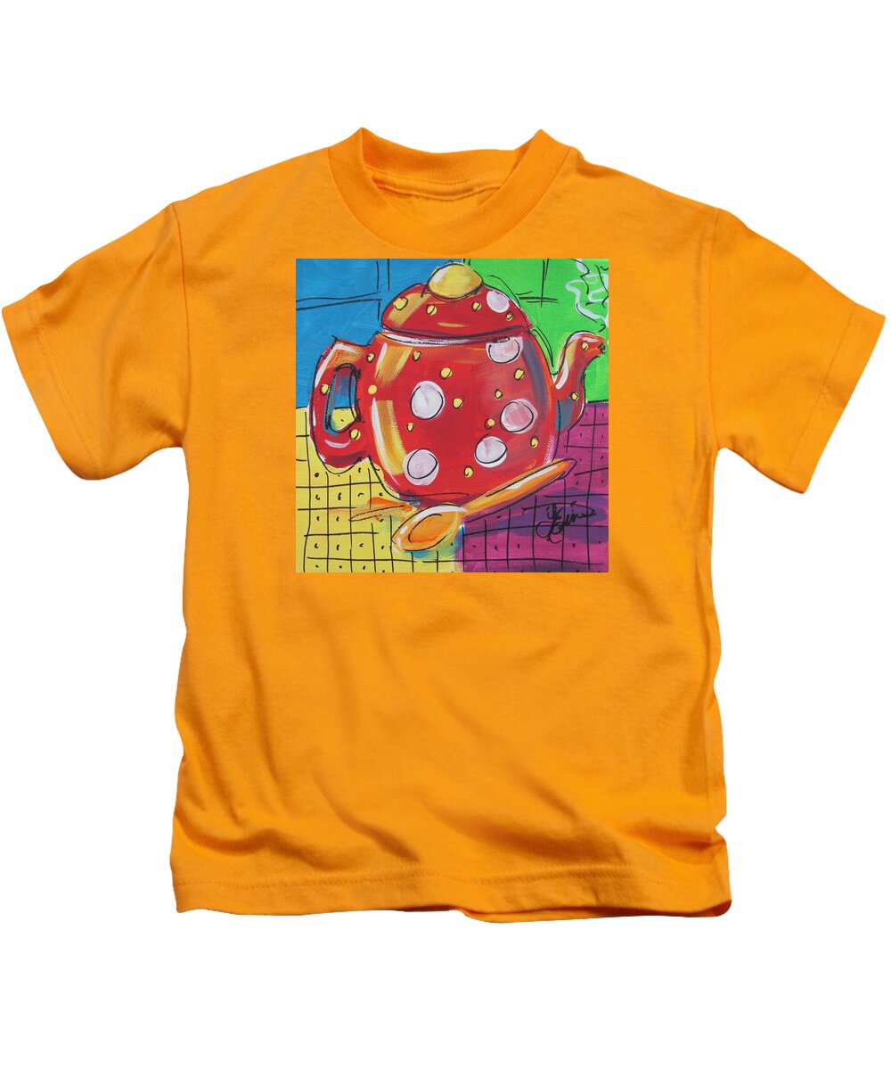 Tea Kids T-Shirt featuring the painting Zany Teapot by Terri Einer