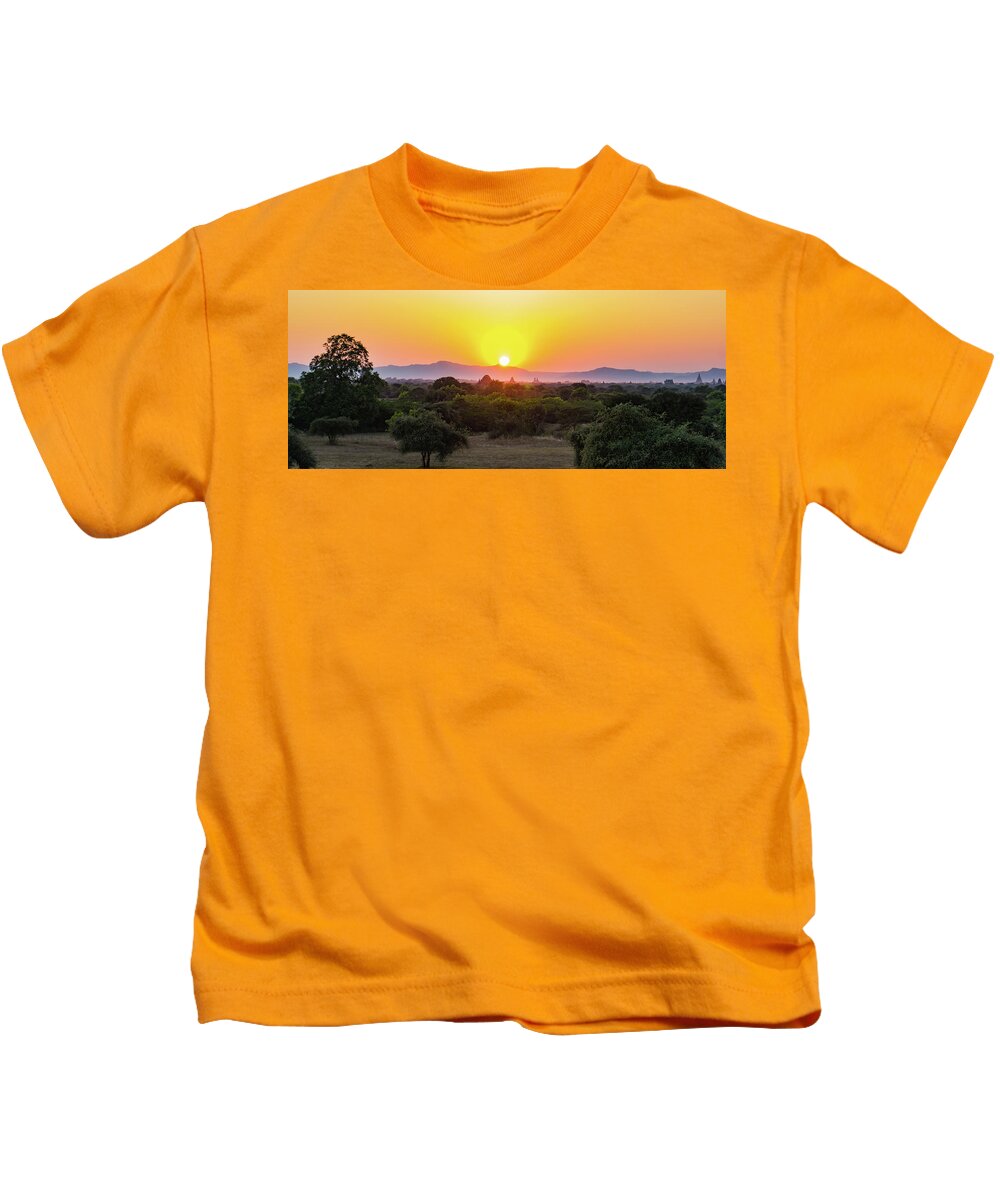 Travel Kids T-Shirt featuring the photograph Bagan sunset by Ann Moore