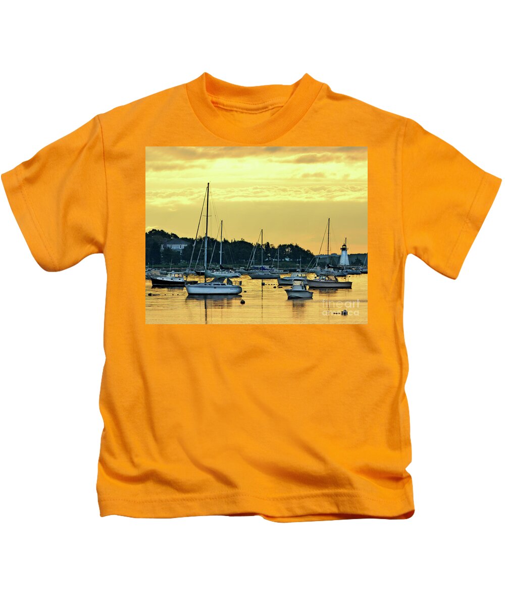 Boats Kids T-Shirt featuring the photograph Golden harbor by Dianne Morgado