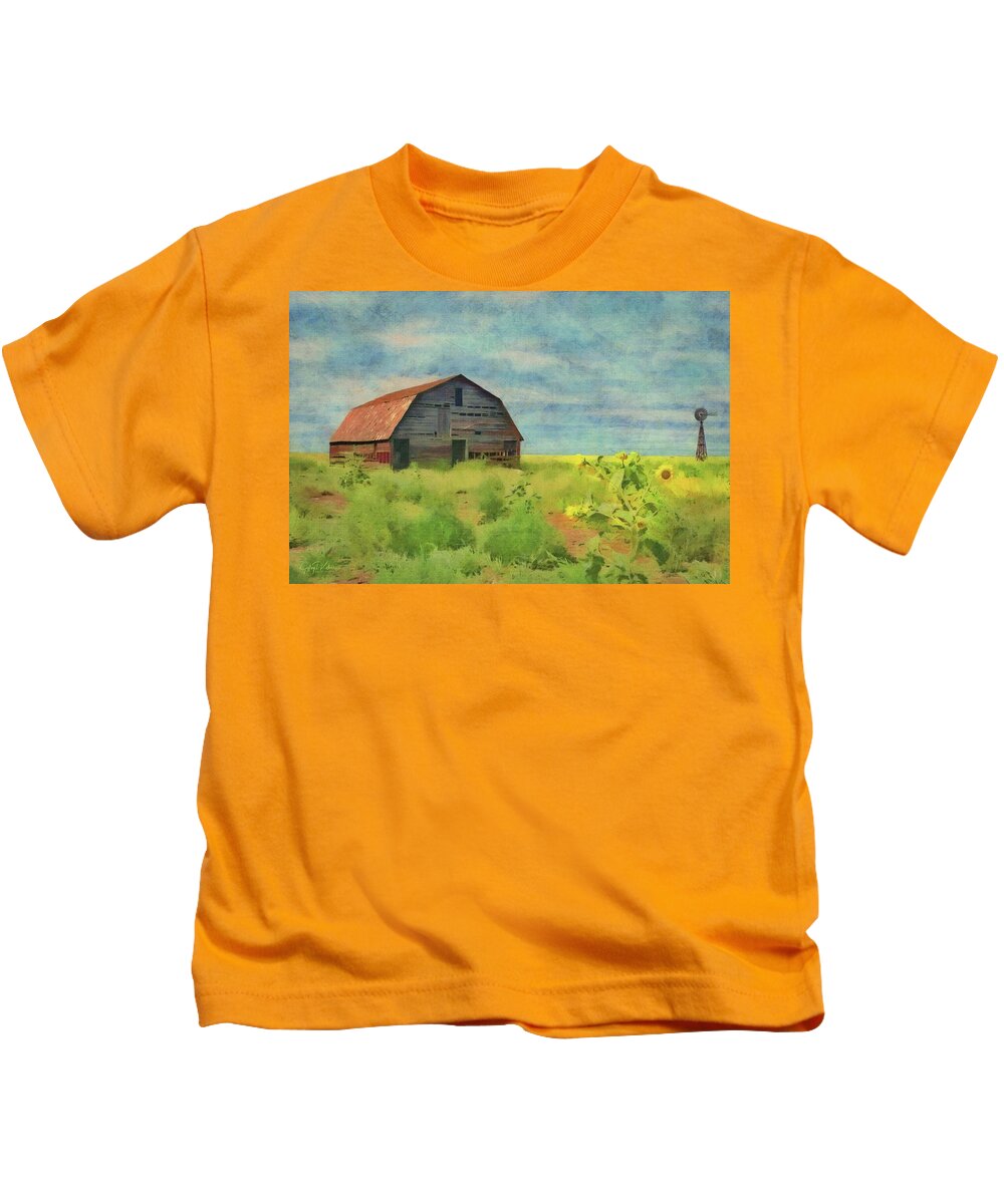 Oklahoma Kids T-Shirt featuring the painting Old Barn Amongst the Weeds by Jeffrey Kolker