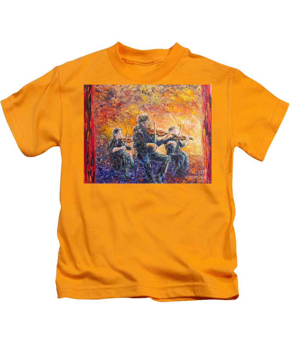 Violin Kids T-Shirt featuring the painting Trio Triumph by Linda Donlin