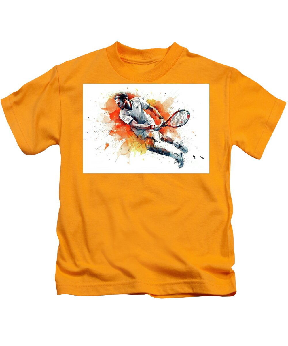 Woman Kids T-Shirt featuring the digital art Tennis player in action during colorful paint splash. #11 by Odon Czintos