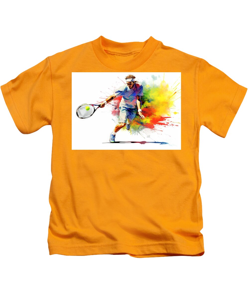 Ai Kids T-Shirt featuring the digital art Tennis player in action during colorful paint splash. #2 by Odon Czintos