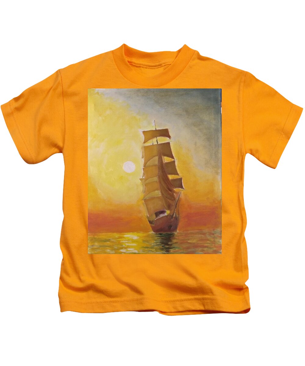 Evening Kids T-Shirt featuring the painting Adventure at Sunset by Nicolas Bouteneff