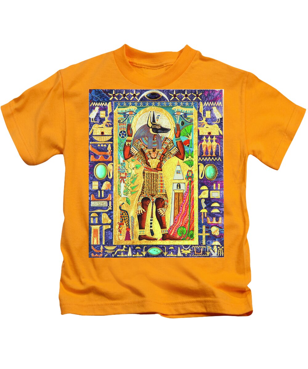 Anpu Kids T-Shirt featuring the mixed media Anpu Lord of the Sacred Land by Ptahmassu Nofra-Uaa