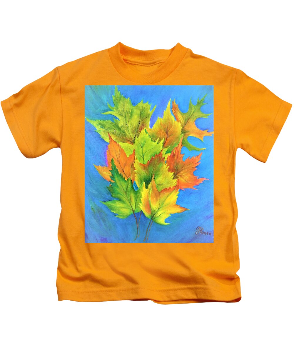 Wall Art Home Decor Autumn Leaves Yellow Leaves Yellow And Blue Oil Painting Gift Autumn Art Original Oil Painting Art Gallery Wall Decoration Kids T-Shirt featuring the painting Autumn Leaves by Tanya Harr