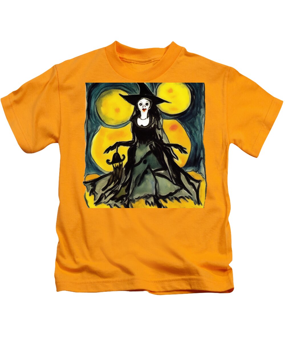 Halloween Kids T-Shirt featuring the digital art Beautiful classy Halloween witch by Tatiana Travelways