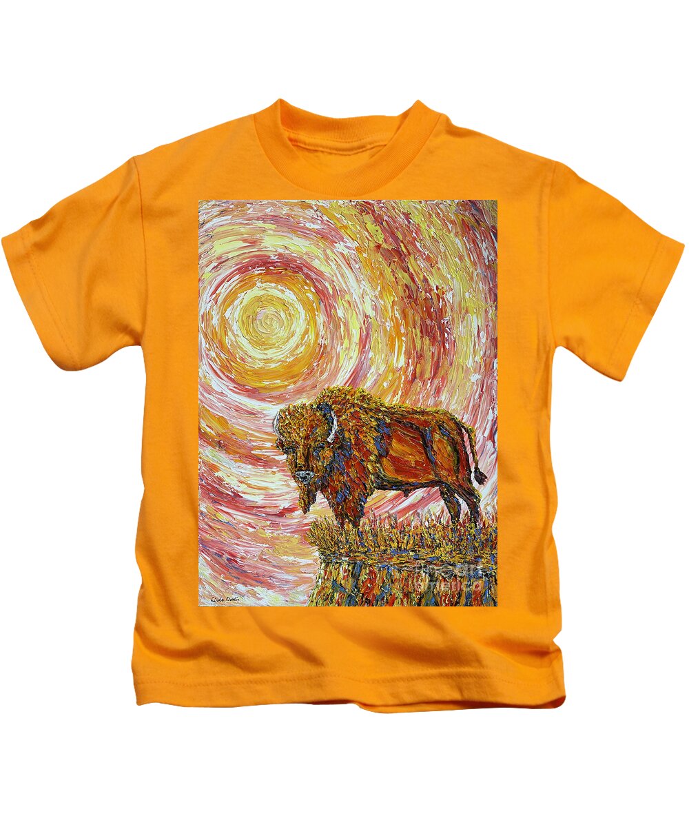 Bison Kids T-Shirt featuring the painting BiSun Rising by Linda Donlin