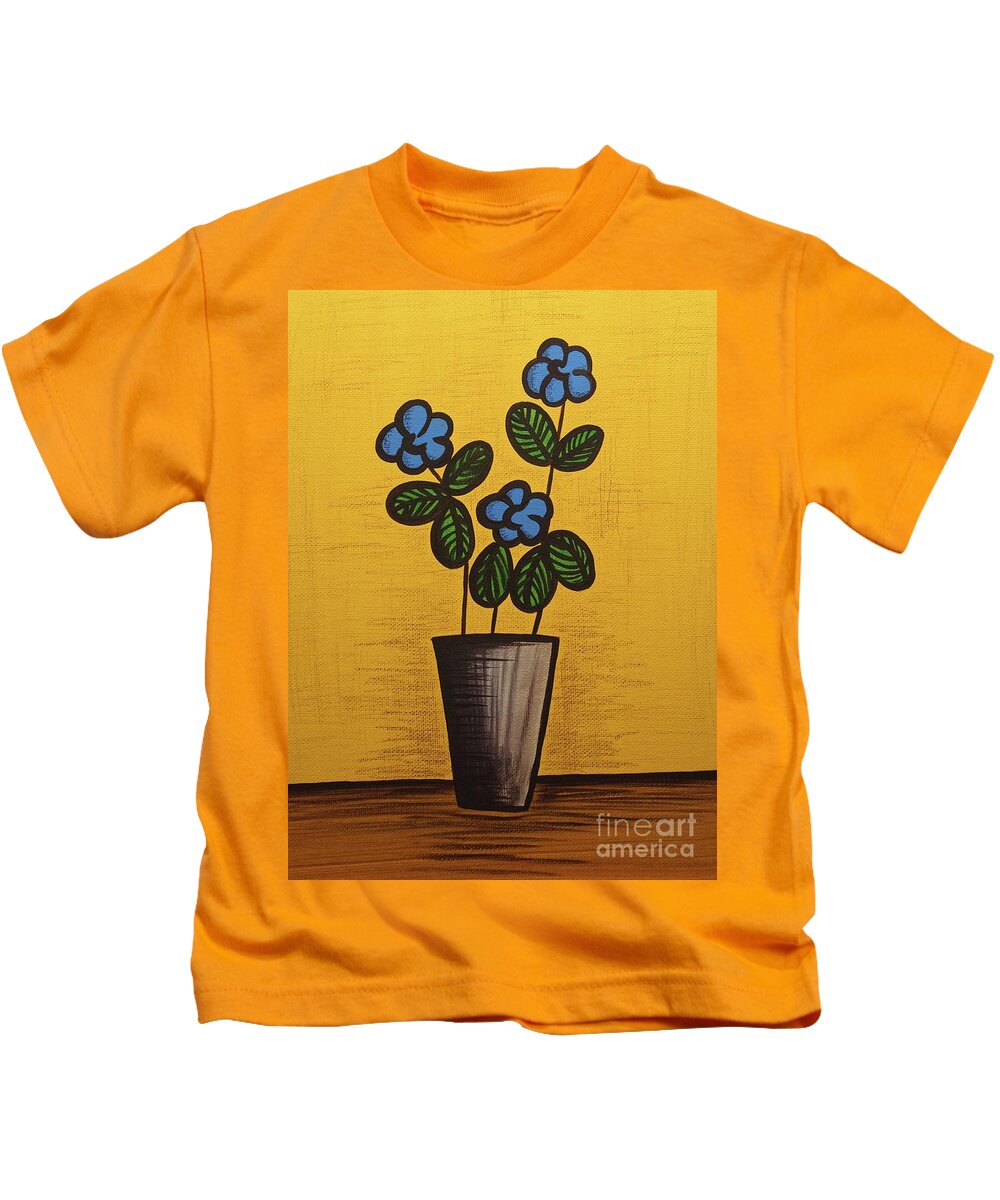 Mid Century Modern Kids T-Shirt featuring the mixed media Blue Flower Still Life Painting by Donna Mibus