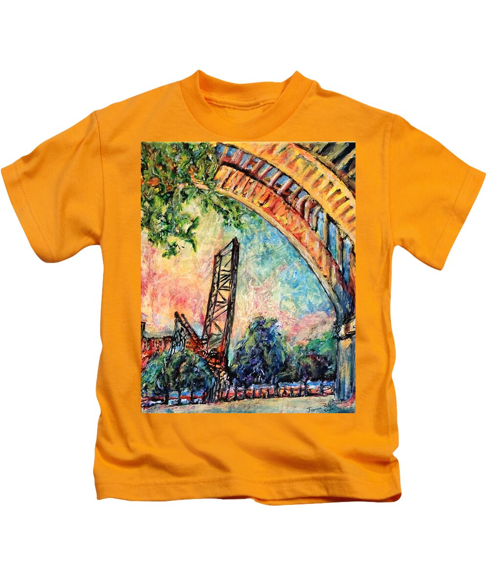 B&o Ohio Railway Bridge Cleveland Flats Lorain Ave Bridge Kids T-Shirt featuring the painting Cleveland Bridges by John Bohn