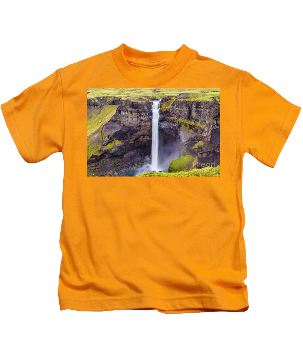 Haifoss Kids T-Shirt featuring the photograph Haifoss waterfall, Iceland by Lyl Dil Creations