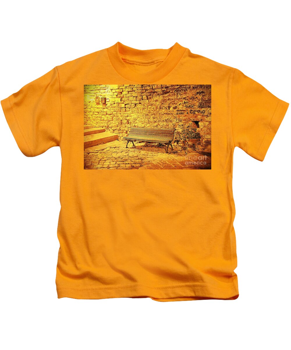 Bench Kids T-Shirt featuring the photograph One romantic bench by Ramona Matei