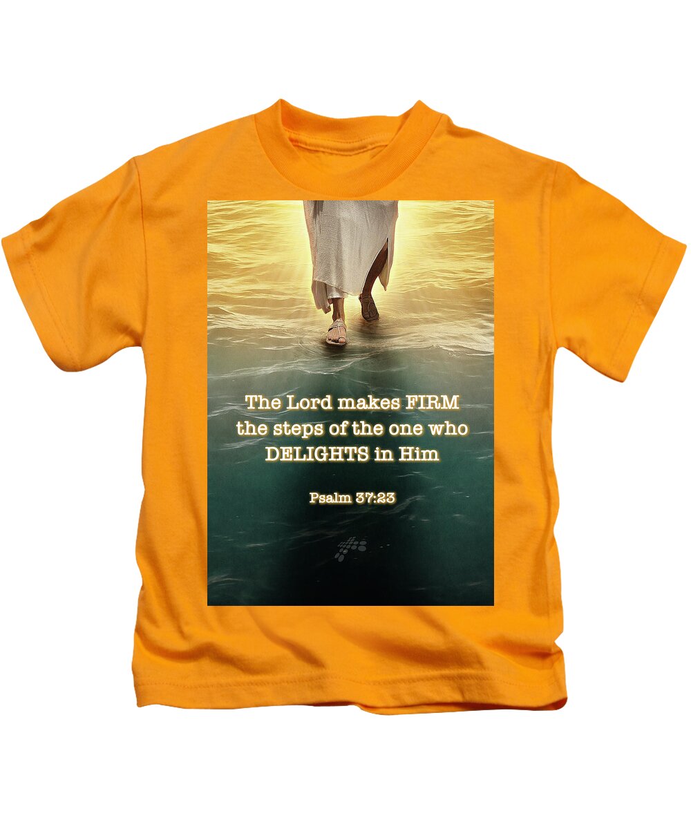  Kids T-Shirt featuring the digital art Psalm 37 verse 23 by Jorge Figueiredo