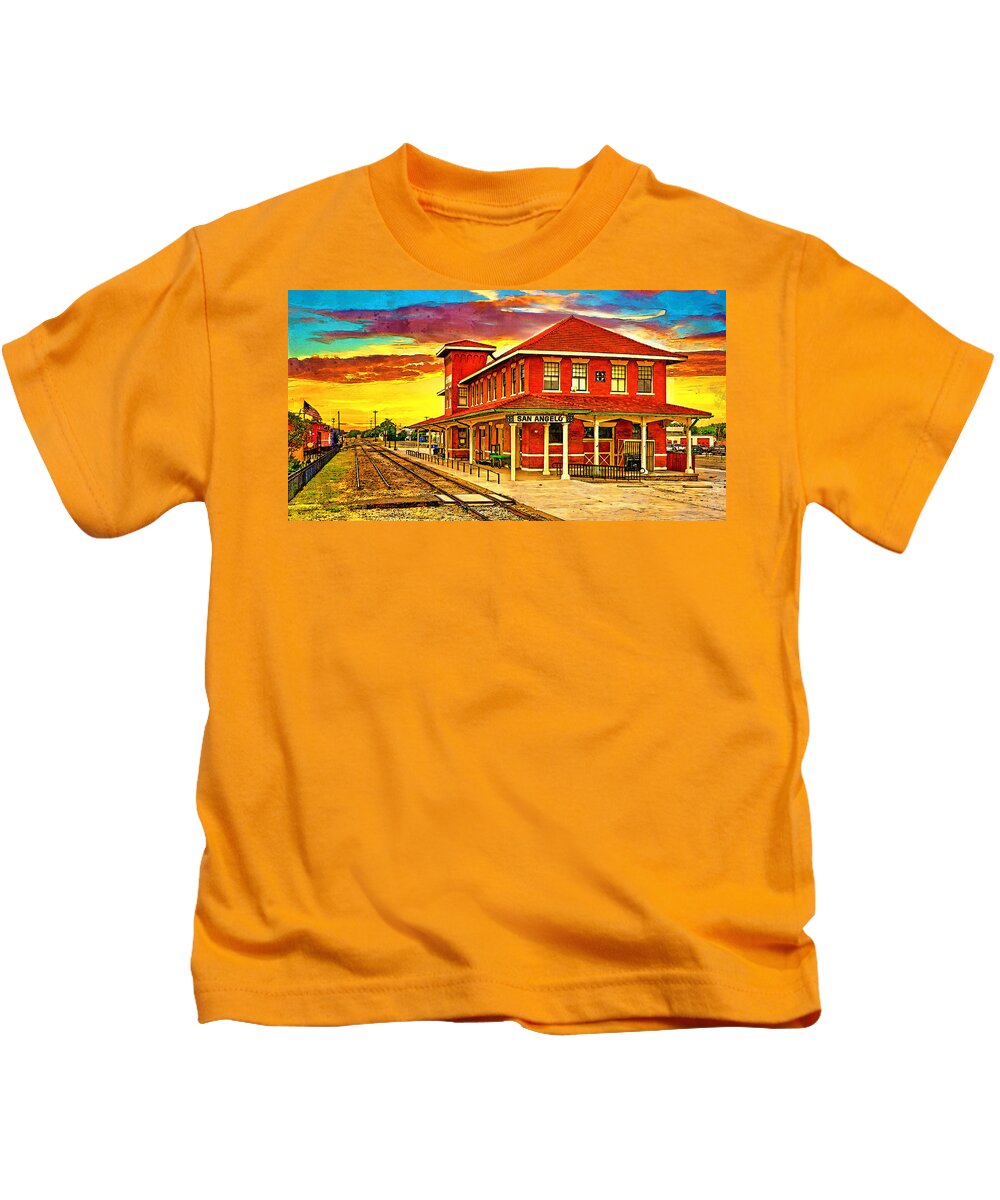 Railway Museum Kids T-Shirt featuring the digital art Railway Museum of San Angelo, Texas, at sunset - digital painting by Nicko Prints