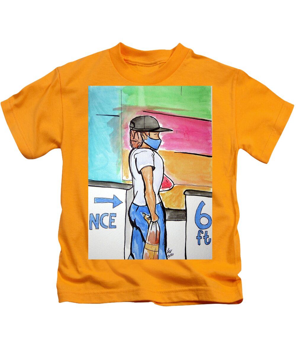 Mask Kids T-Shirt featuring the painting Social Distance by Loretta Nash