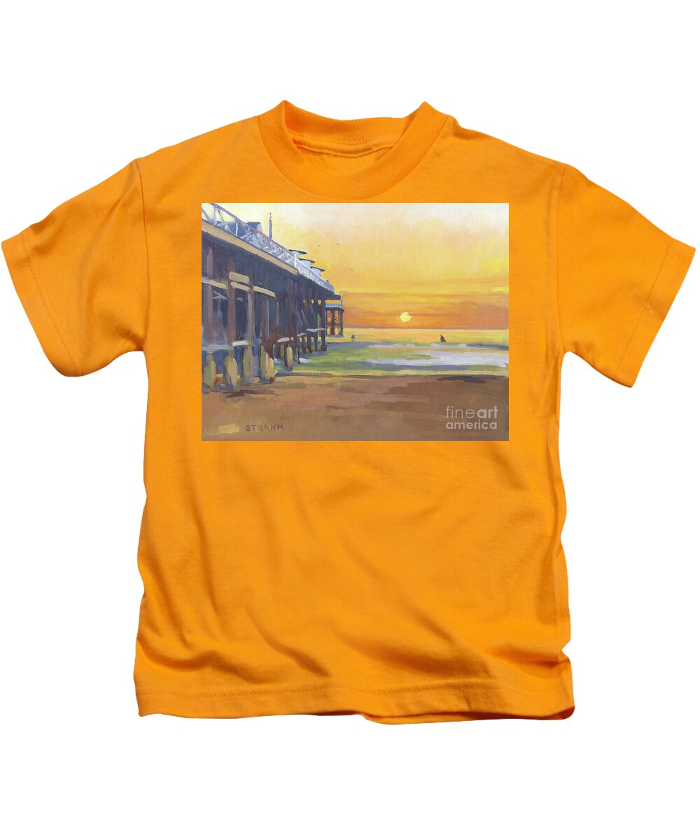 Crystal Pier Kids T-Shirt featuring the painting Surfing Pacific Beach - San Diego, California by Paul Strahm