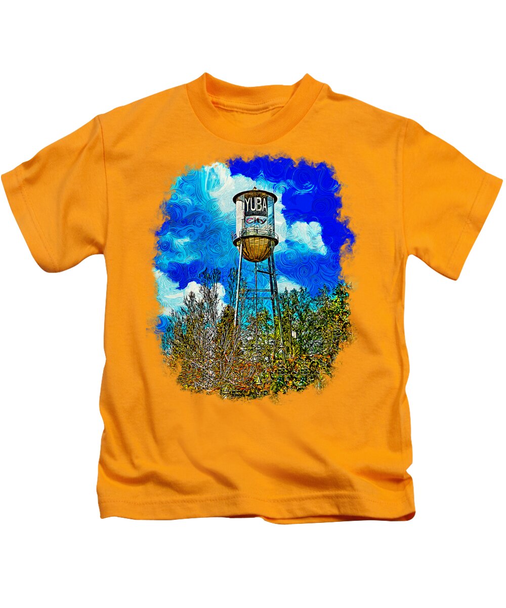 Water Tower Kids T-Shirt featuring the digital art The iconic water tower in Yuba City, California - impressionist painting by Nicko Prints