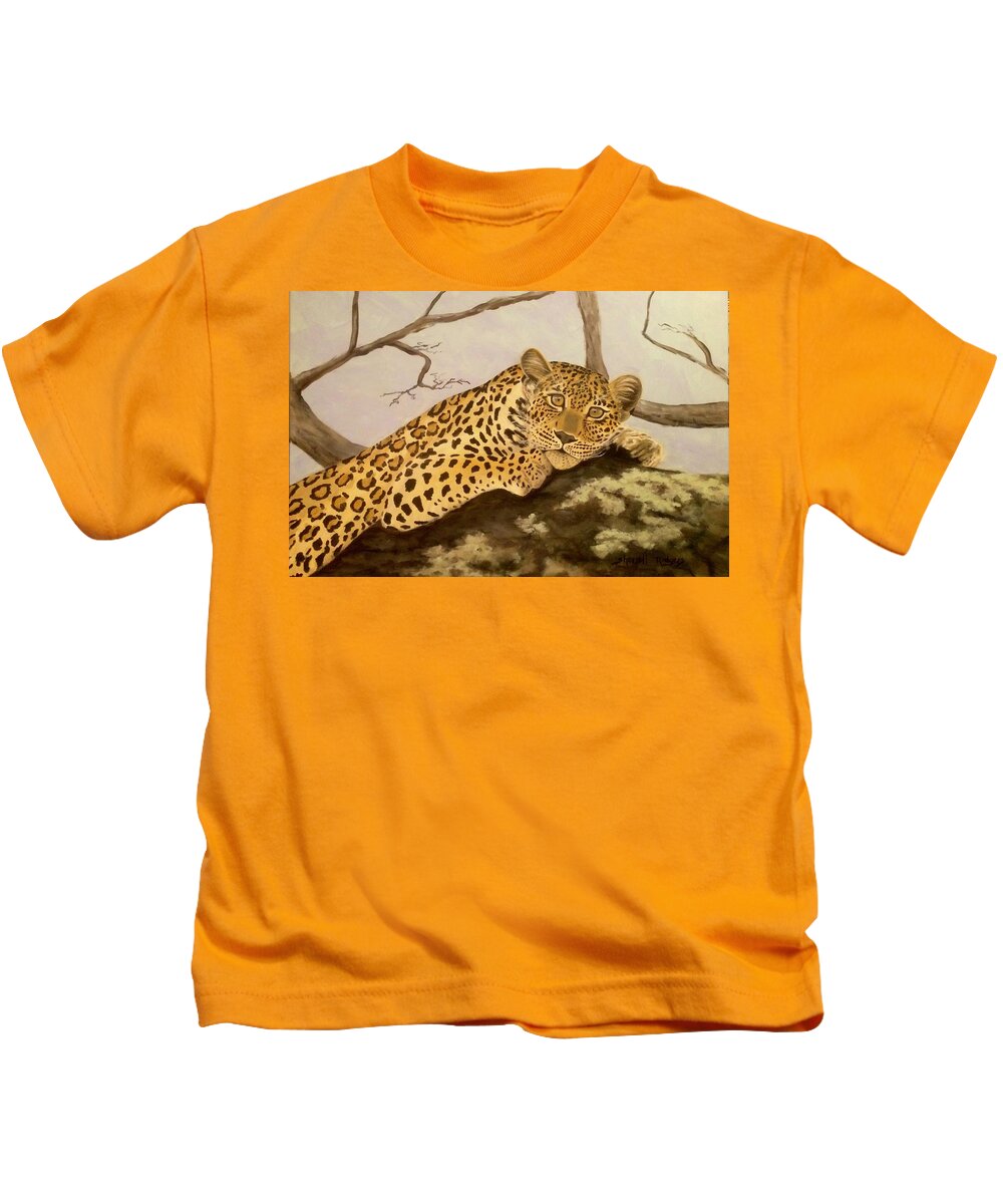 Leopard Kids T-Shirt featuring the painting The Leopard by Sherrell Rodgers